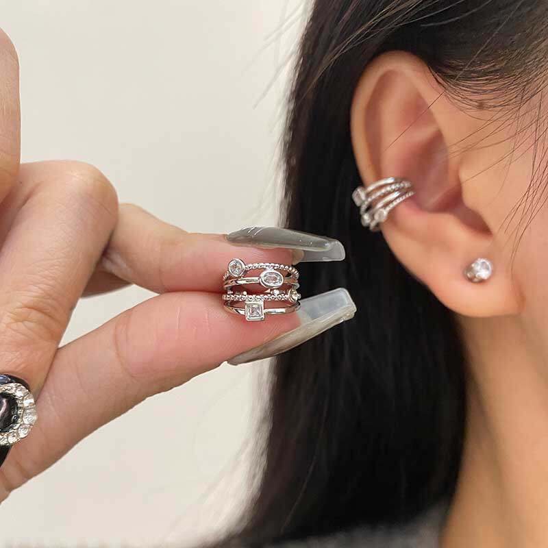 韩版金属风银色锆石多层素耳骨夹