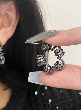 韩版小众几何不规则枪黑色C圈耳环925银针简约冷淡风复古潮流耳饰