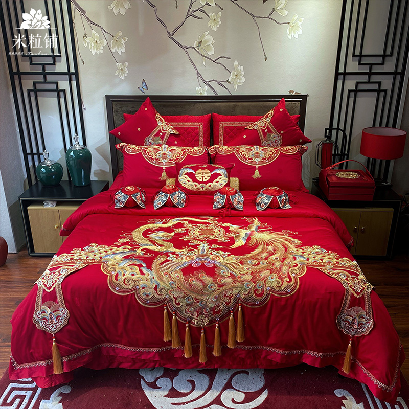 新婚中式绣花100支长绒棉婚庆四件套大红龙凤被套结婚床上四件套