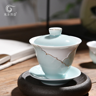 东茶西壶茶壶手绘手工描金功夫茶具家用陶瓷茶杯盖碗青瓷忆荷组件