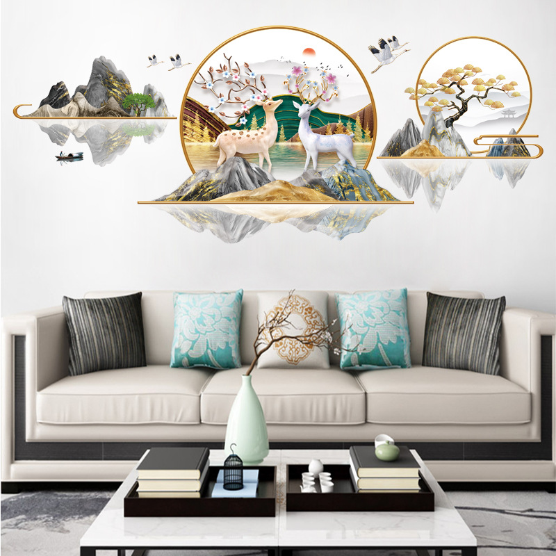 新中式山水画福禄双全墙贴纸客厅沙发电视背景墙装饰贴画自粘可移