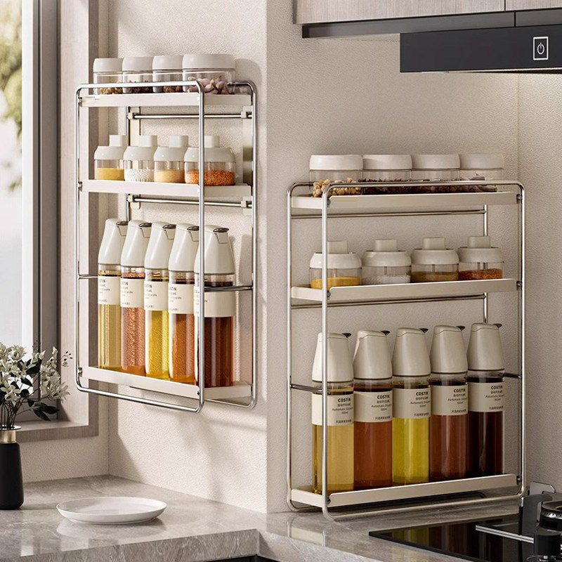 不锈钢厨房调味品置物架壁挂免打孔家用窄边调料佐料瓶罐收纳架子