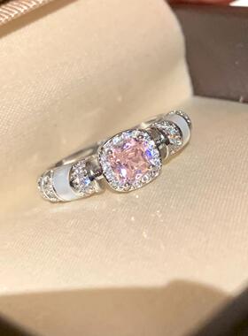 超闪粉色方糖戒指女小众设计轻奢