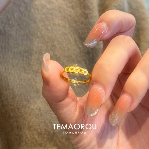 金色铜钱戒指女小众设计s925纯银