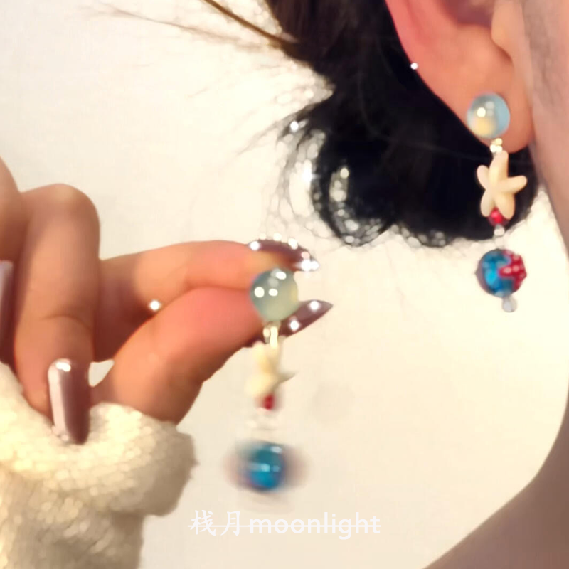 S925纯银蓝色琉璃圆珠海星耳钉度假风独特设计感轻奢小众长款耳饰,饰品/流行首饰/时尚饰品新,耳钉,淘宝优惠券,粉丝福利购,淘宝优惠卷