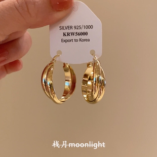 S925纯银交叉双环耳扣女轻奢精致高级感时尚耳环韩系简约气质耳圈