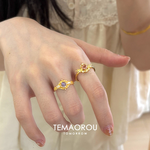 高保色甜美月光石细闪金色戒指女气质叠戴爱心粉碧玺食指戒指环夏