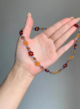 S925纯银彩色花朵项链女复古气质