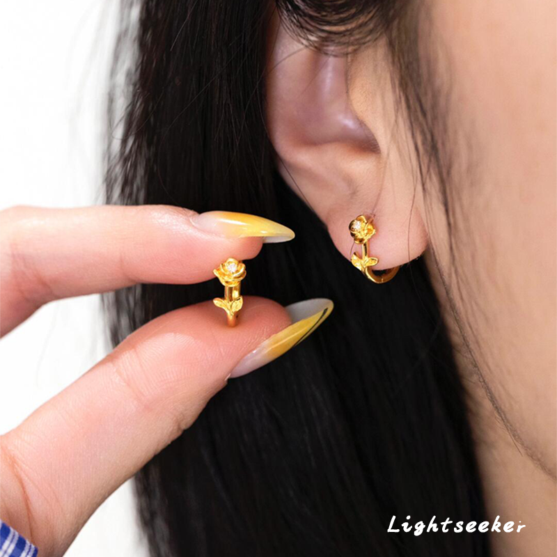 S925纯银金色玫瑰花耳扣复古小众