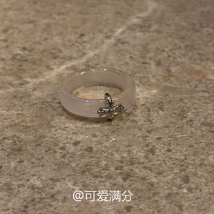 S925纯银清冷感天然石鸢尾花素圈戒指女新中式食指戒百搭气质指环