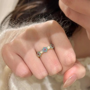 新中式蓝色滴釉花朵玉髓戒指女小众设计轻奢高级感食指戒精致手镯