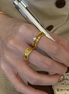 S925纯银中古宽边金色戒指女复古