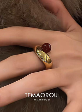 中古仿红玛瑙几何椭圆宽口戒指女