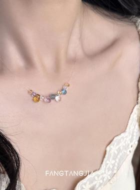 S925纯银天然多彩水晶宝石隐形项链轻奢设计感精致气质百搭锁骨链