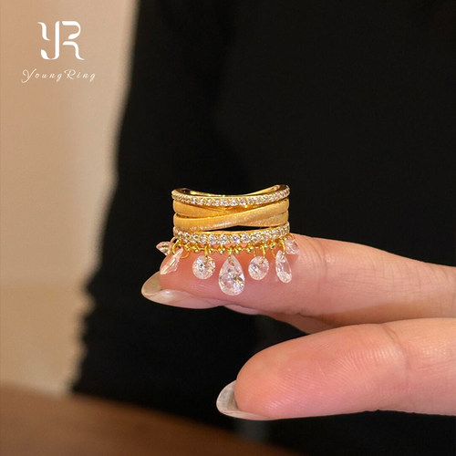 S925银金色水滴流苏戒指中古精致