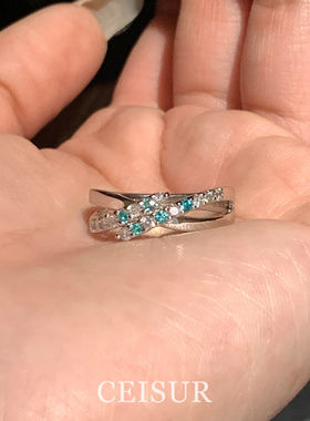 韩系ins风简约蓝色闪钻绕线戒指