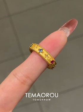 新中式仿彩宝石星芒宽口金色戒指