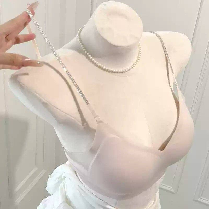 闪钻细肩带可外露内衣女小胸聚拢无痕斜肩内搭交叉美背文胸夏薄款