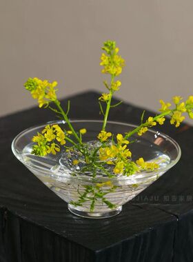 中式插花碗玻璃球剑山插花器套装茶台摆件家居茶席装饰花留鹤巢