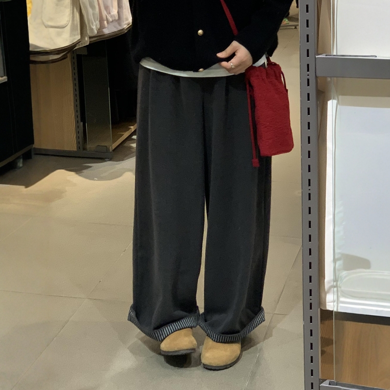 慵懒风灰色卷边阔腿裤直筒裤