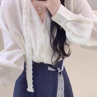 通勤气质修身 女装 衬衣上衣法式 衬衫 白色飘带挂脖V领喇叭袖 早春季