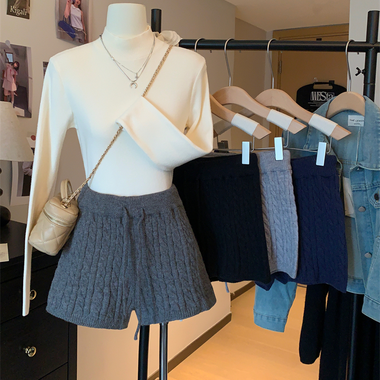 韩系麻花针织短裤女秋冬2025新款松紧抽绳设计高腰显瘦毛线裤ins