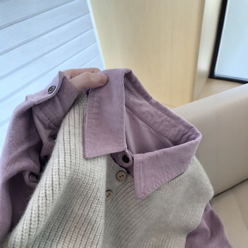 紫色衬衫叠穿针织看见马甲女