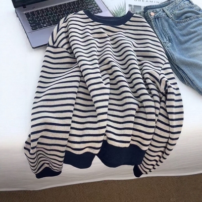 美式复古撞色条纹圆领套头卫衣女