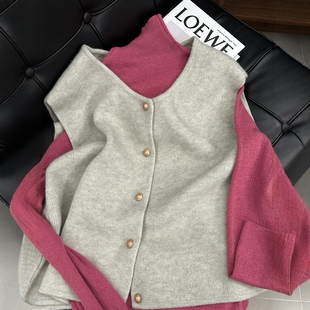 小香风树莓粉色半高领修身显瘦打底衫搭配针织马甲两件套ins秋季