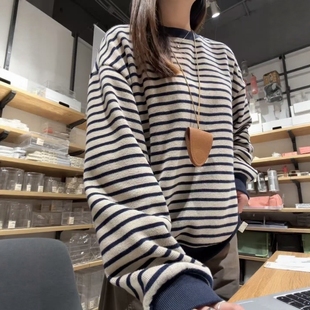 休闲百搭长袖 新款 套头上衣 复古慵懒风宽松条纹卫衣女2025秋季 美式