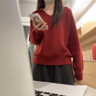 宽松百搭oversize气质毛衣ins 新款 新年红色翻领针织衫 女2026冬季