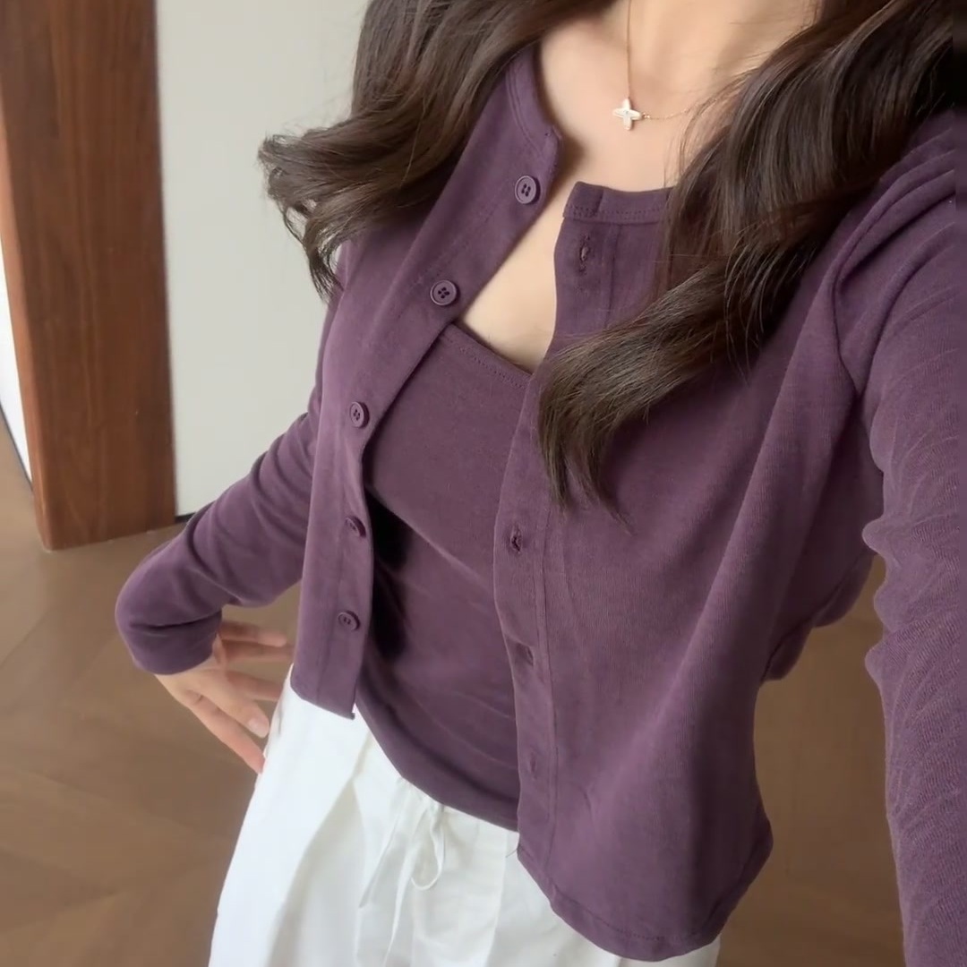 法式紫色吊带背心搭配开衫外套女