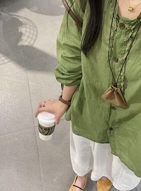 Chao好看！漂亮木耳边绿色衬衣女夏季气质防晒罩衫搭配格子阔腿裤