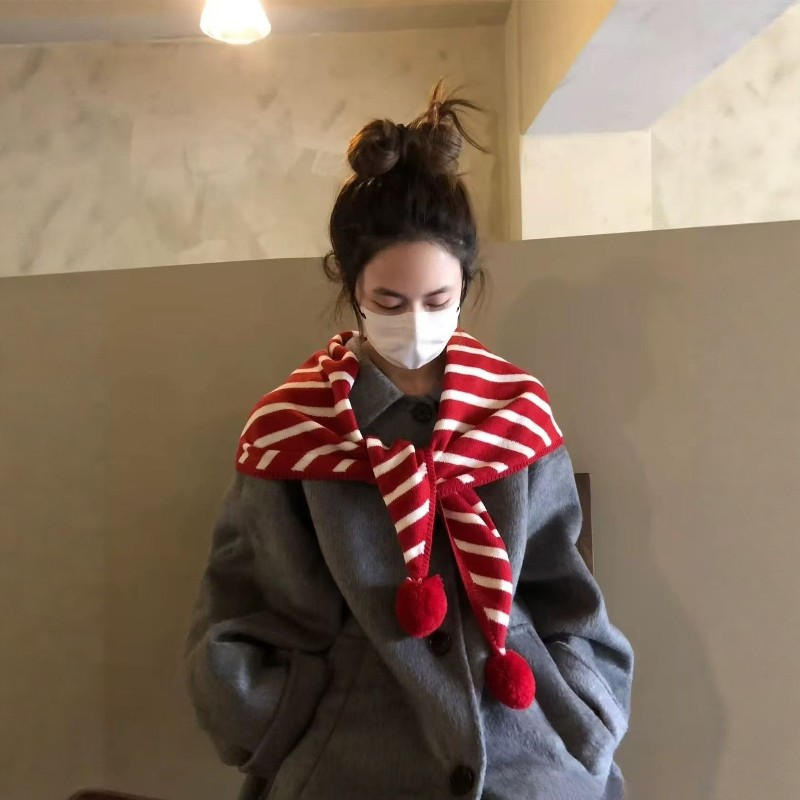 可爱毛球条纹三角巾围巾女2026冬季新年红色披肩外搭保暖针织围脖,服饰配件/皮带/帽子/围巾,多件套,淘宝优惠券,粉丝福利购,淘宝优惠卷