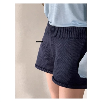 藏青色休闲针织短裤毛线裤子