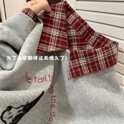 韩系复古格子衬衫叠穿卫衣套装女