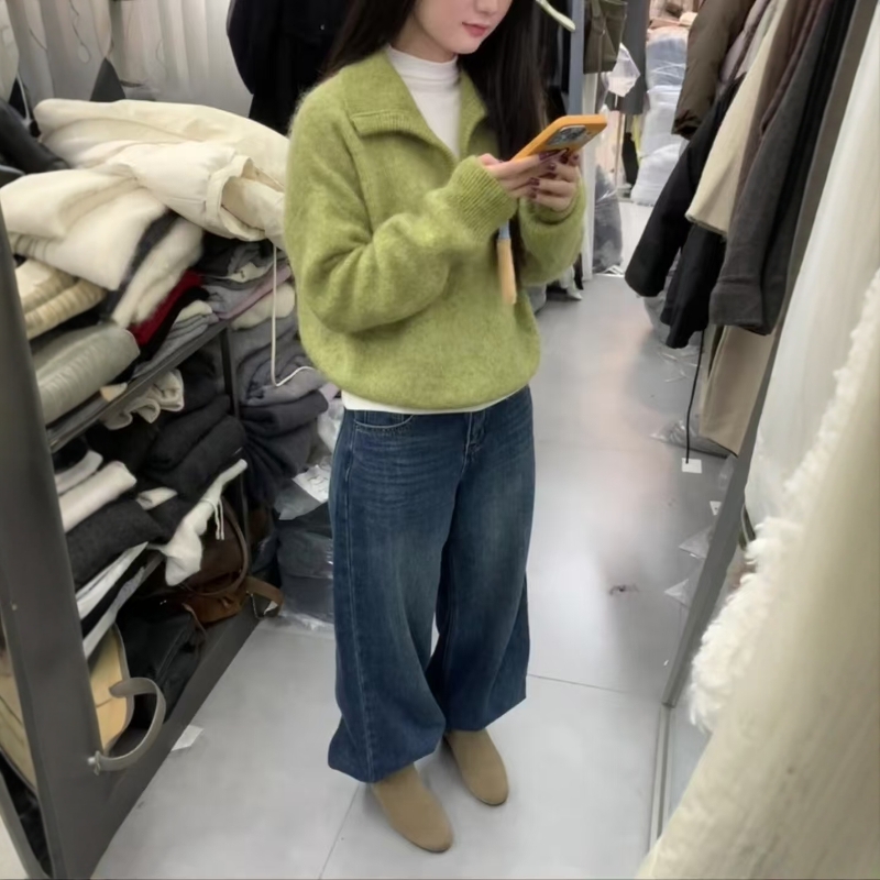 韩系慵懒高级感半开领套头毛衣女