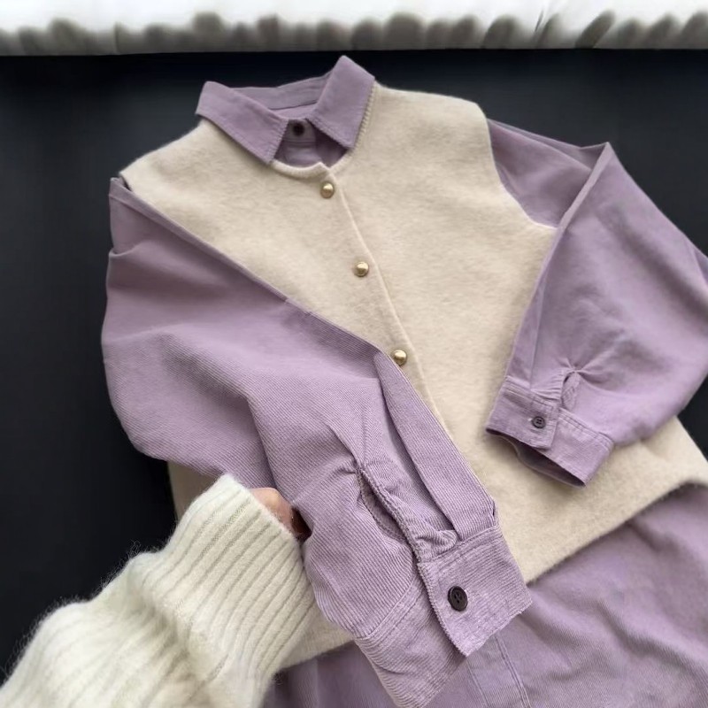 香芋紫色翻领灯芯绒衬衫女2026秋季新款宽松百搭上衣叠穿针织马甲,女装/女士精品,时尚套装,淘宝优惠券,粉丝福利购,淘宝优惠卷