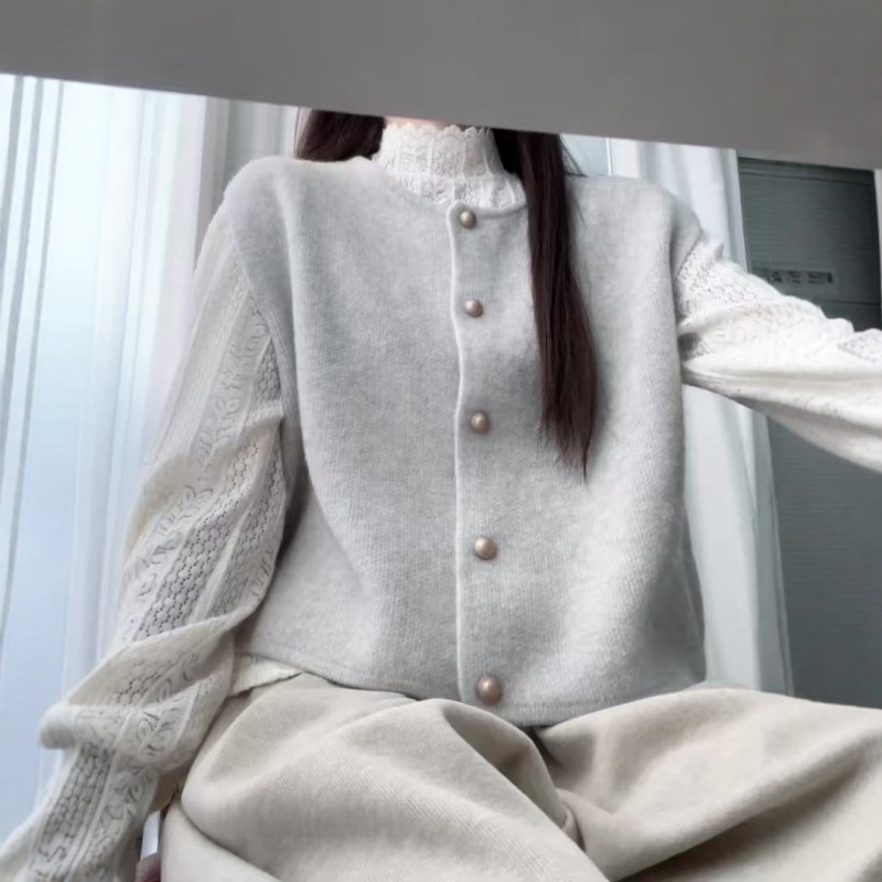法式轻奢蕾丝打底衫叠穿针织马甲