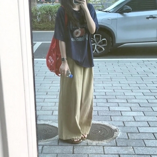 新款 美式 两件套ins夏季 复古印花短袖 穿搭 T恤上衣搭配卡其色阔腿裤