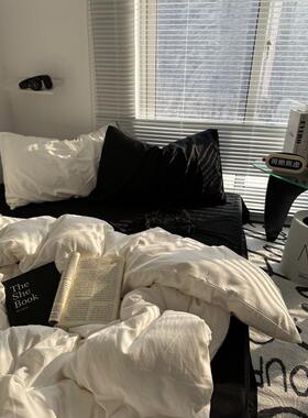 简约ins混搭风奶白黑色水洗棉四件套床单纯色被套宿舍三件套床笠