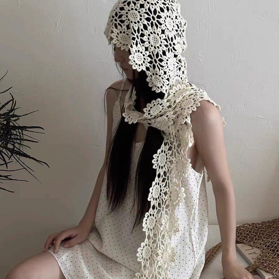 小众设计手工针织镂空花花包头帽子女2025新款时尚蕾丝多用披肩帽