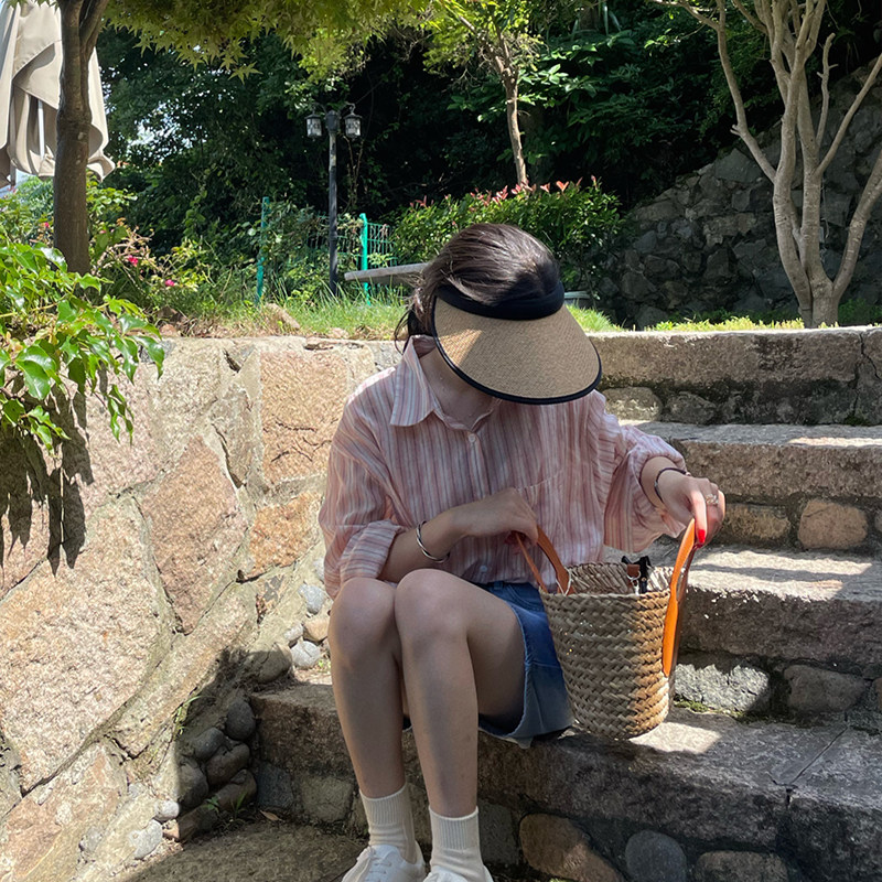 侧面cm空顶草帽女夏防晒遮阳帽防紫外线帽子草编大帽檐发箍太阳帽