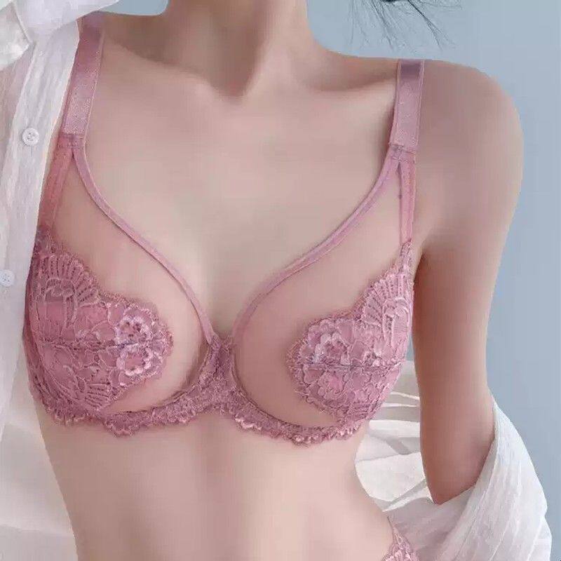 性感粉色内衣女大胸显小胸套装聚拢全罩杯收副乳防下垂超薄款文胸