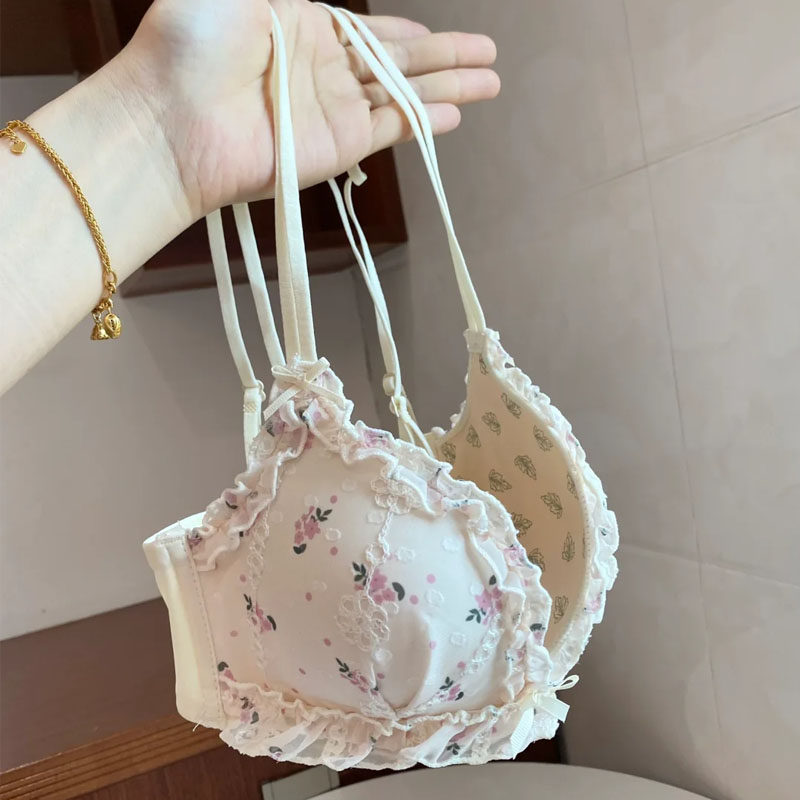 日系甜美碎花内衣女小胸聚拢无钢圈夏季薄款显小纯欲风蕾丝文胸罩