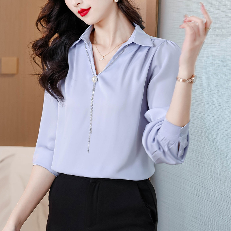 RIERA妈妈蓝色缎面长袖衬衫女春秋2025新款春装洋气衬衣女士时尚