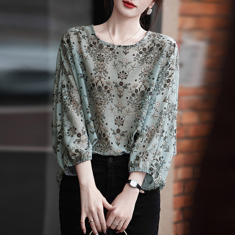 RIERA妈妈圆领长袖印花雪纺衬衫女士春秋2025新款春装衬衣女高级