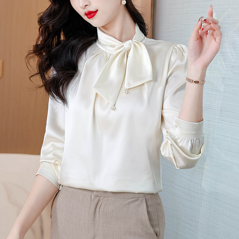 RIERA妈妈蝴蝶结缎面长袖衬衫女春秋2025新款春装通勤女士衬衣百