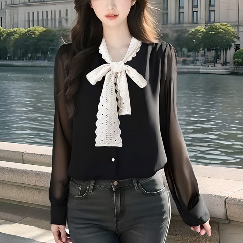 RIERA妈妈蝴蝶结黑色雪纺衬衫女士春秋2025新款春装衬衣女洋气长
