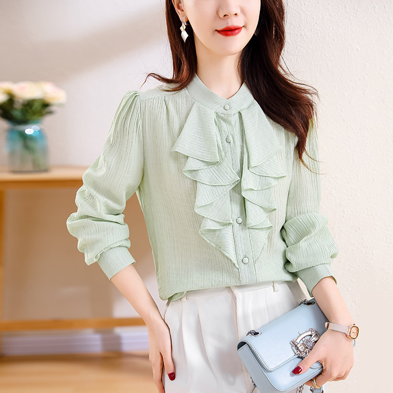 RIERA妈妈绿色棉麻荷叶边长袖衬衫女士春秋2025新款春装洋气衬衣